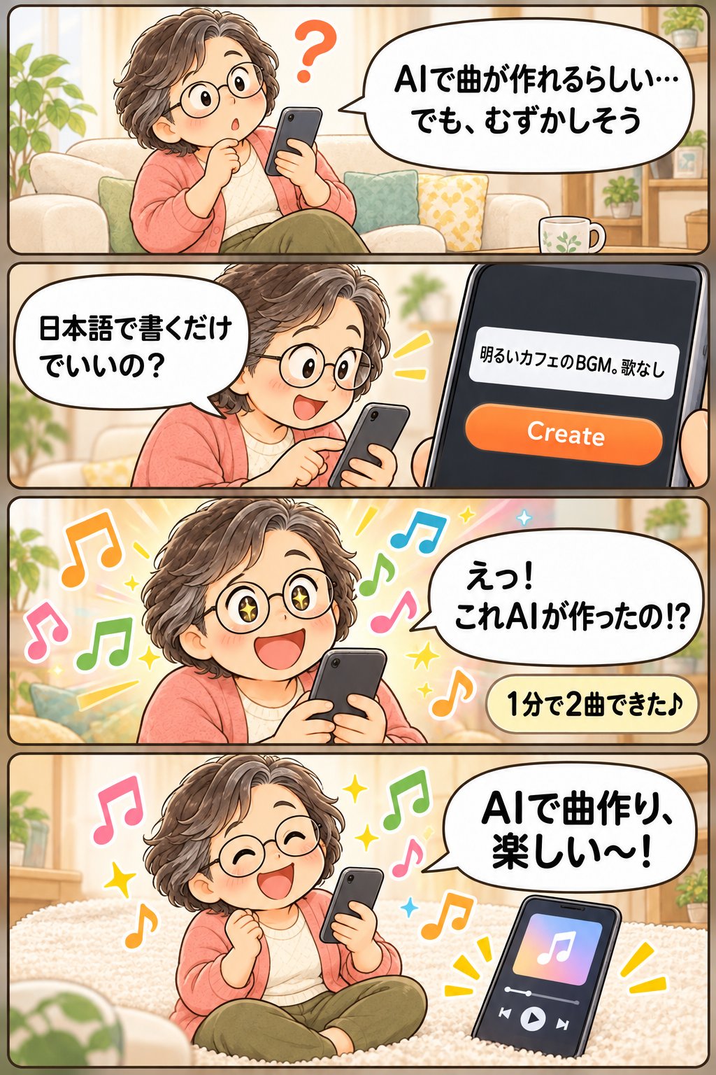 4コマ漫画「AIで曲を作ってみた」:むずかしそうと思っていたPONが、日本語で書くだけで1分で2曲できて驚き、AIで曲作りを楽しむ